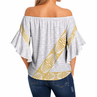Tonga White Sunday Off Shoulder Wrap Waist Top Fakame Tongan Ngatu Pattern Gold Strips