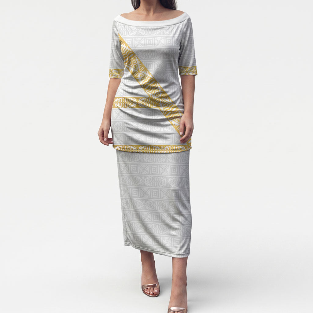 Tonga White Sunday Puletasi Fakame Tongan Ngatu Pattern Gold Strips