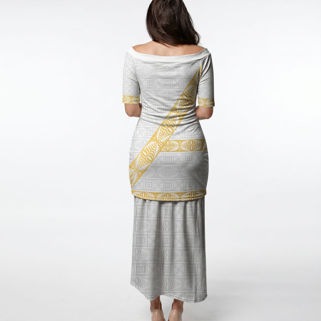 Tonga White Sunday Puletasi Fakame Tongan Ngatu Pattern Gold Strips