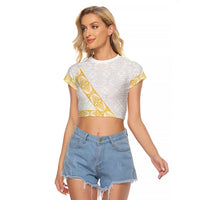 Tonga White Sunday Raglan Cropped T Shirt Fakame Tongan Ngatu Pattern Gold Strips