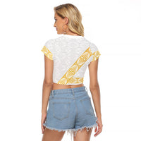Tonga White Sunday Raglan Cropped T Shirt Fakame Tongan Ngatu Pattern Gold Strips