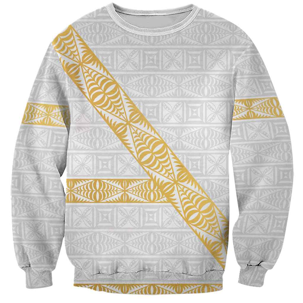 Tonga White Sunday Sweatshirt Fakame Tongan Ngatu Pattern Gold Strips LT14 Unisex White - Polynesian Pride