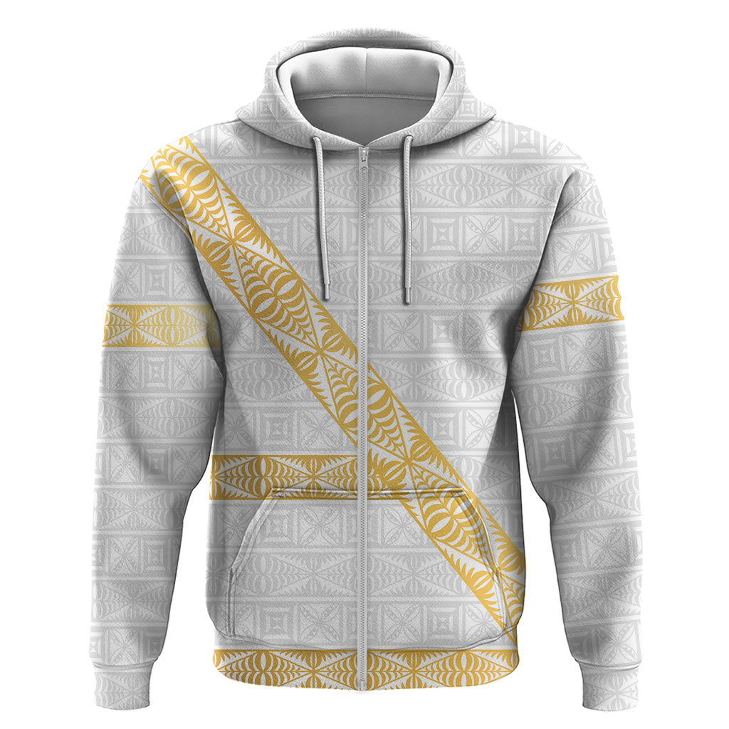 Tonga White Sunday Zip Hoodie Fakame Tongan Ngatu Pattern Gold Strips LT14 Zip Hoodie White - Polynesian Pride