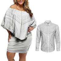Niue White Sunday Couples Matching Off Shoulder Short Dress and Long Sleeve Button Shirt Aho Tapu Fanau Hiapo Pattern