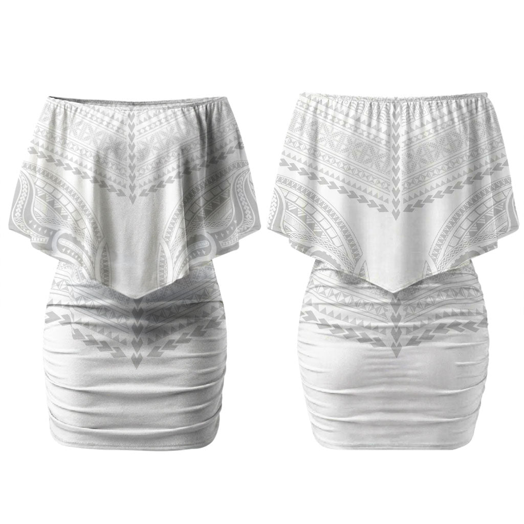 Niue White Sunday Couples Matching Off Shoulder Short Dress and Long Sleeve Button Shirt Aho Tapu Fanau Hiapo Pattern