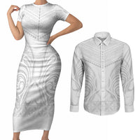 Niue White Sunday Couples Matching Short Sleeve Bodycon Dress and Long Sleeve Button Shirt Aho Tapu Fanau Hiapo Pattern