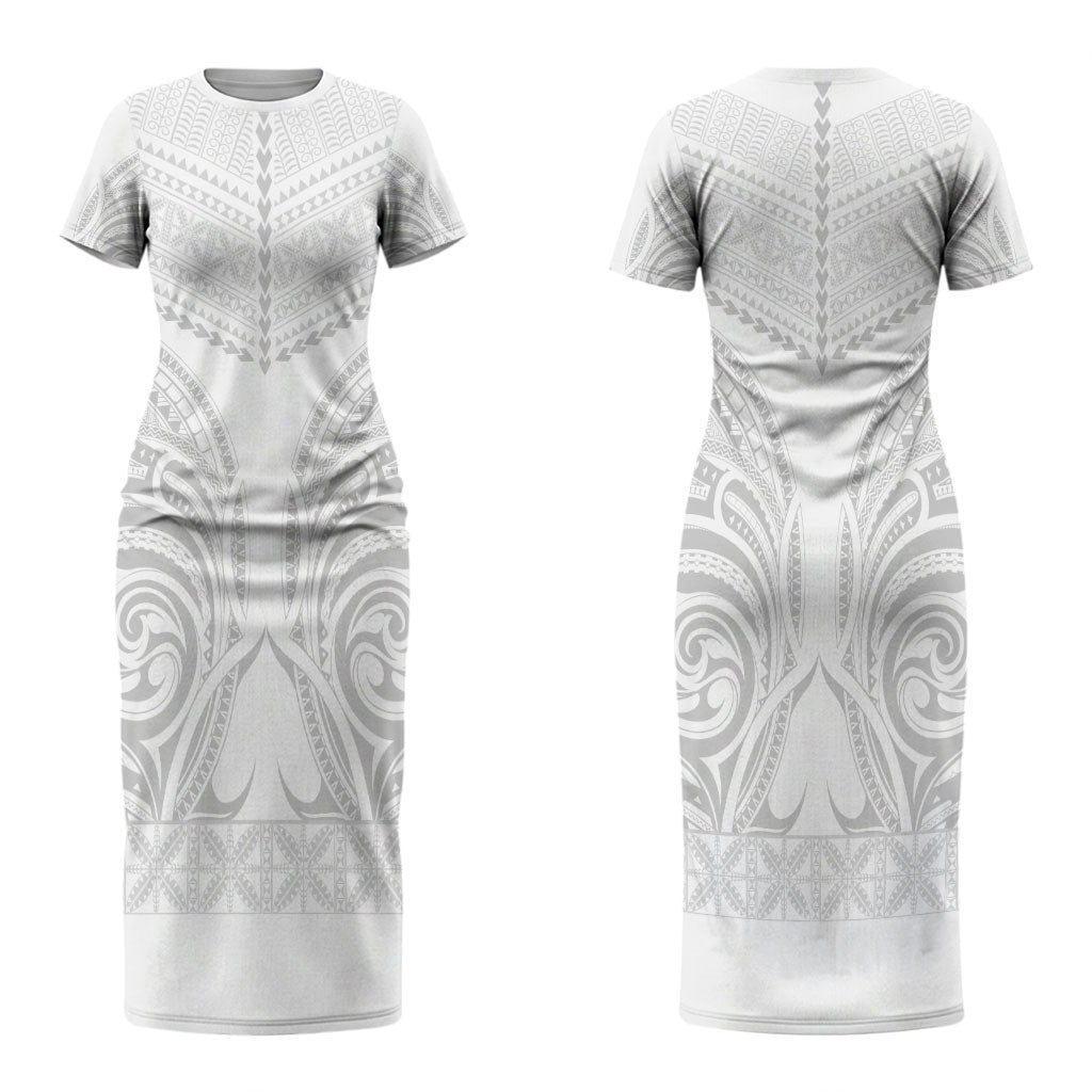 Niue White Sunday Couples Matching Short Sleeve Bodycon Dress and Long Sleeve Button Shirt Aho Tapu Fanau Hiapo Pattern