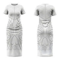 Niue White Sunday Couples Matching Short Sleeve Bodycon Dress and Long Sleeve Button Shirt Aho Tapu Fanau Hiapo Pattern
