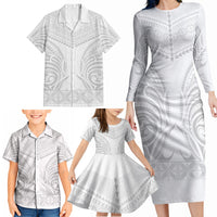 Niue White Sunday Family Matching Long Sleeve Bodycon Dress and Hawaiian Shirt Aho Tapu Fanau Hiapo Pattern