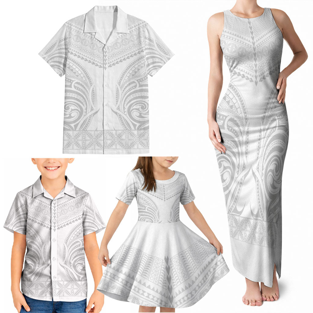Niue White Sunday Family Matching Tank Maxi Dress and Hawaiian Shirt Aho Tapu Fanau Hiapo Pattern