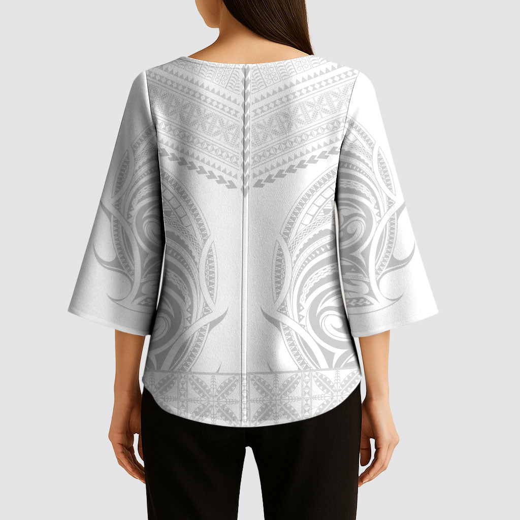 Niue White Sunday Kimono Sleeve Blouse Aho Tapu Fanau Hiapo Pattern