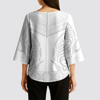Niue White Sunday Kimono Sleeve Blouse Aho Tapu Fanau Hiapo Pattern