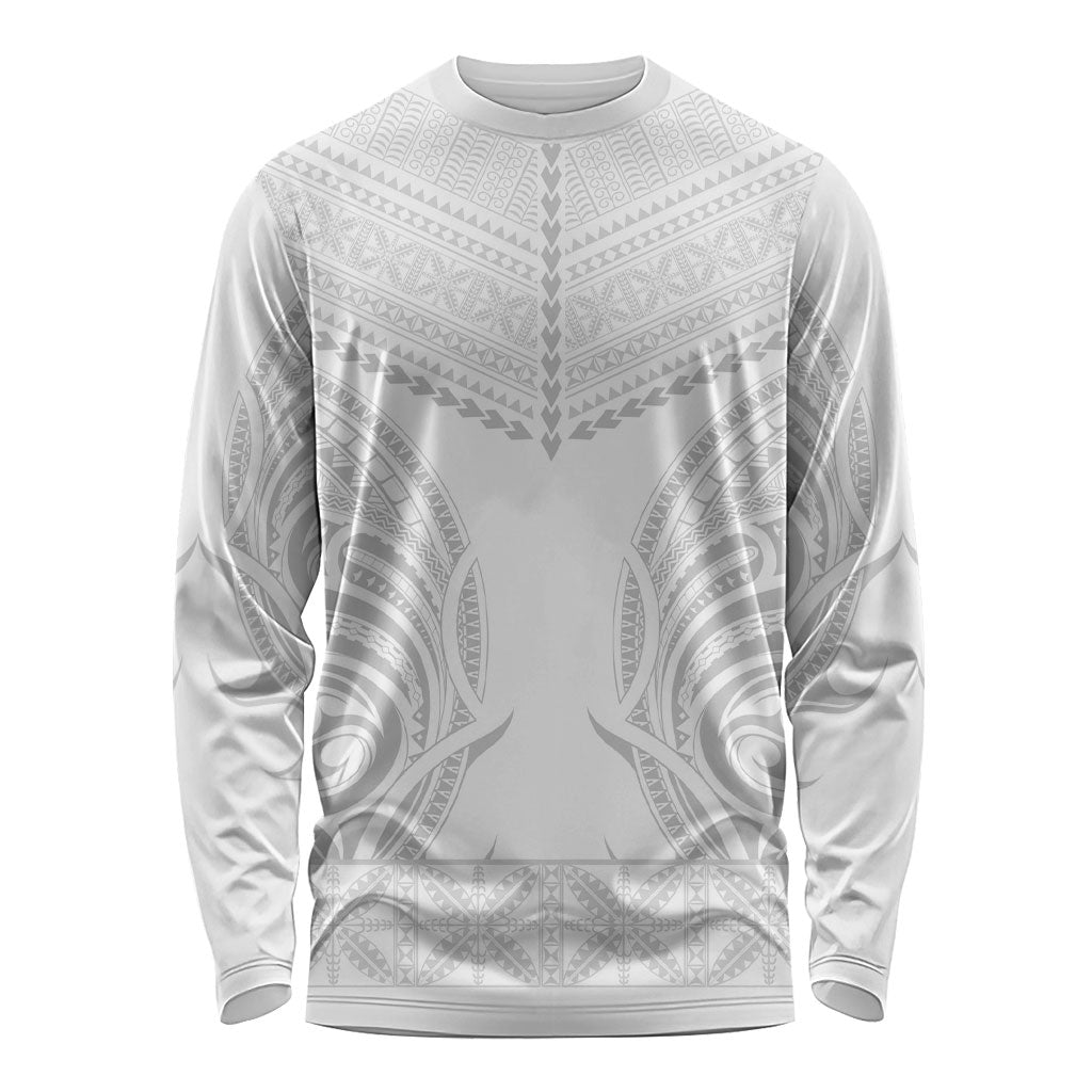 Niue White Sunday Long Sleeve Shirt Aho Tapu Fanau Hiapo Pattern