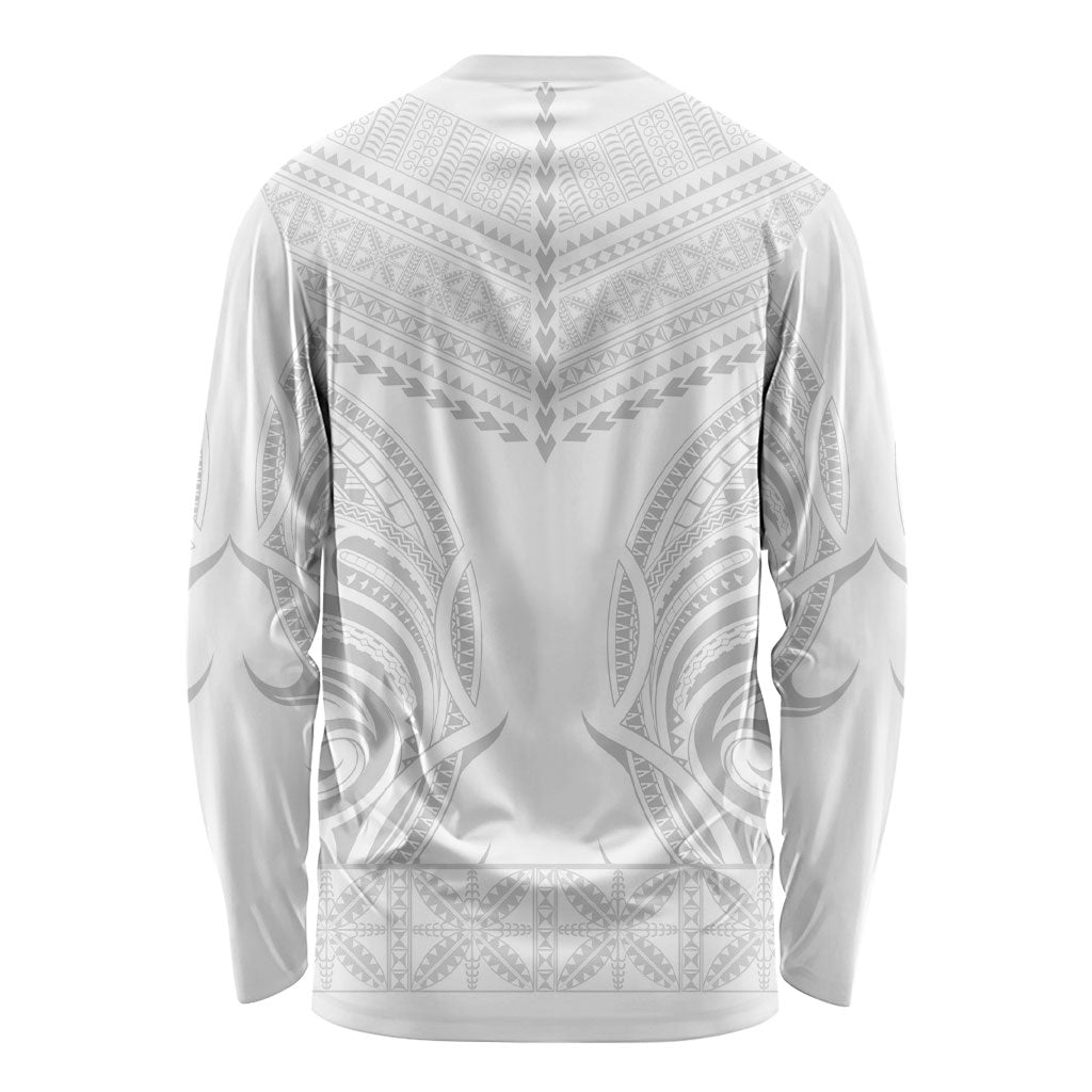 Niue White Sunday Long Sleeve Shirt Aho Tapu Fanau Hiapo Pattern