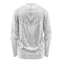 Niue White Sunday Long Sleeve Shirt Aho Tapu Fanau Hiapo Pattern