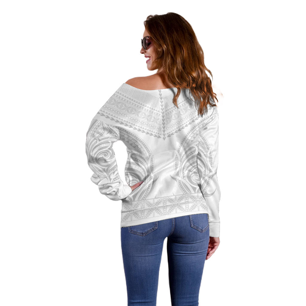 Niue White Sunday Off Shoulder Sweater Aho Tapu Fanau Hiapo Pattern