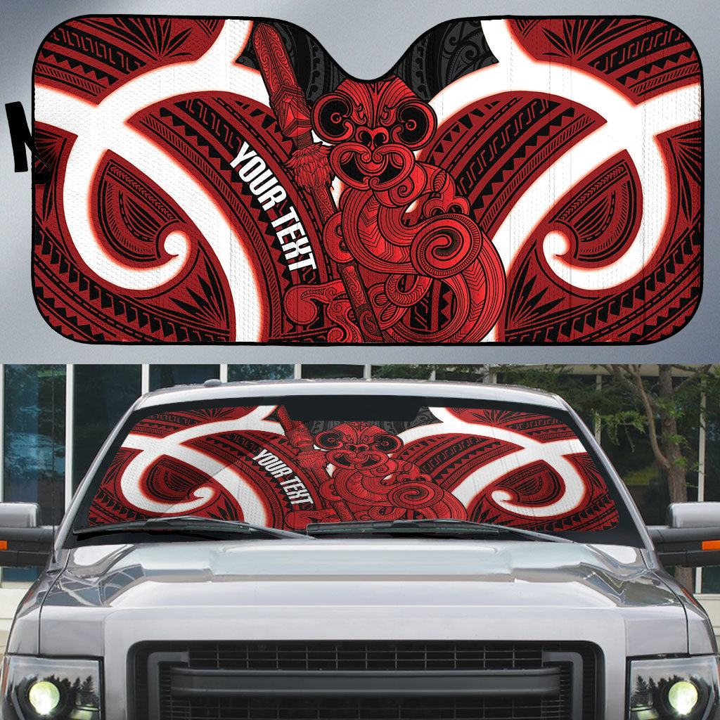 Whero Aotearoa Atua Tumatauenga Personalised Auto Sun Shade Maori God Of War Tiki With Taiaha LT14 Red - Polynesian Pride