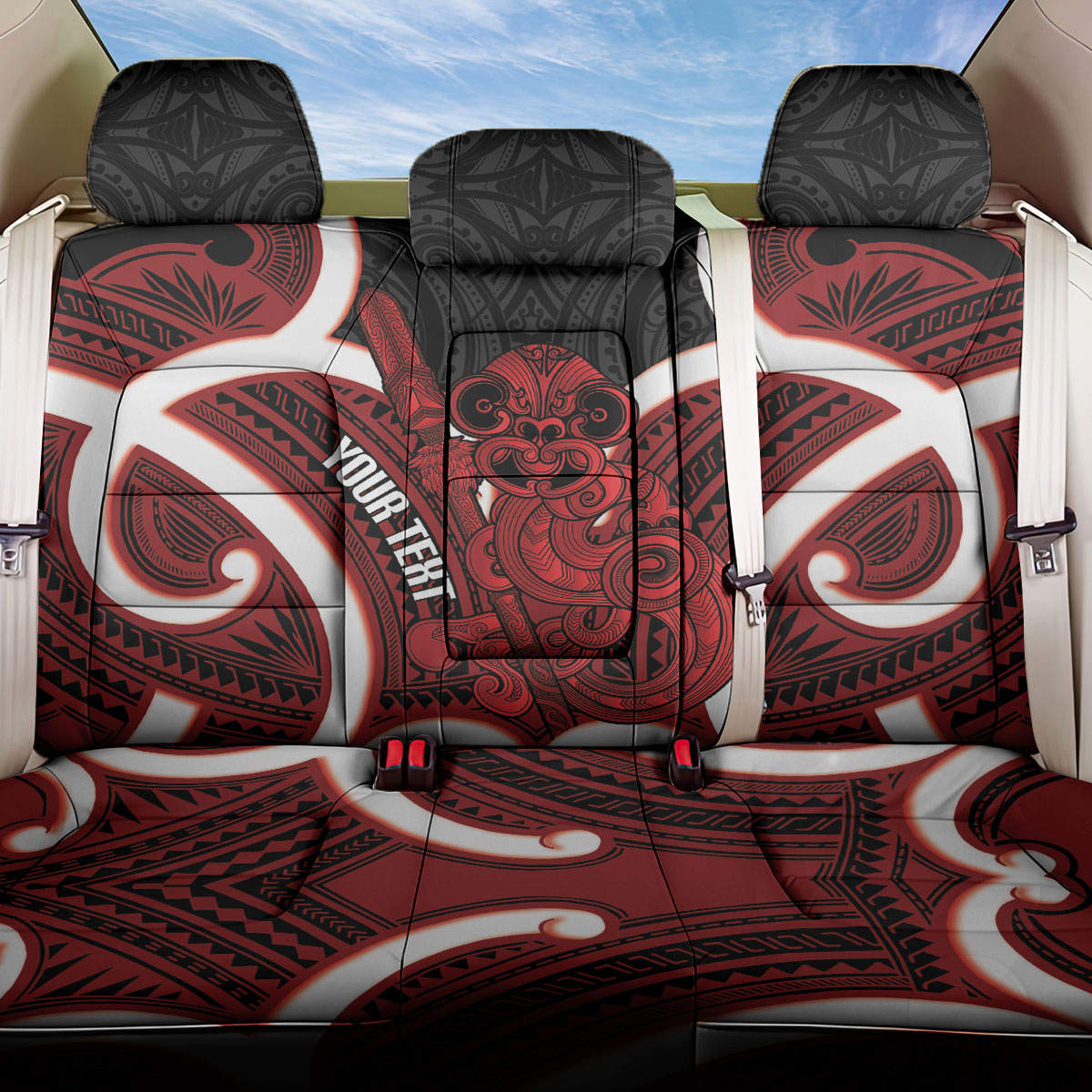 Whero Aotearoa Atua Tumatauenga Personalised Back Car Seat Cover Maori God Of War Tiki With Taiaha LT14 One Size Red - Polynesian Pride