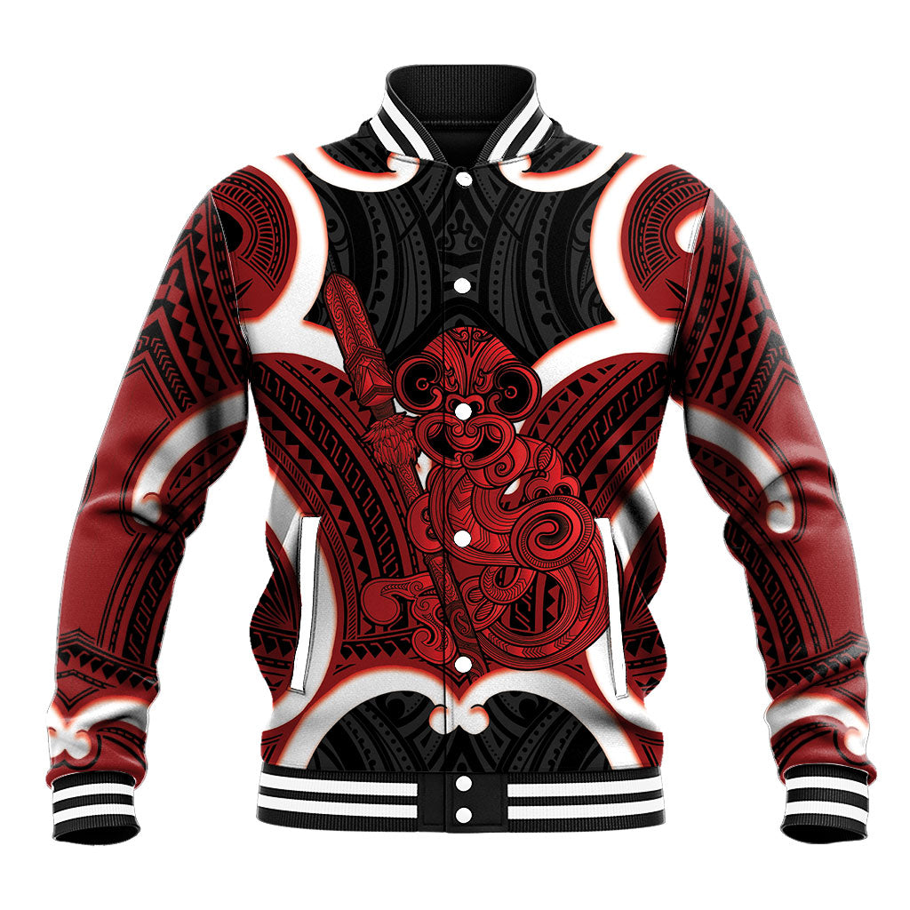Whero Aotearoa Atua Tumatauenga Personalised Baseball Jacket Maori God Of War Tiki With Taiaha LT14 Unisex Red - Polynesian Pride