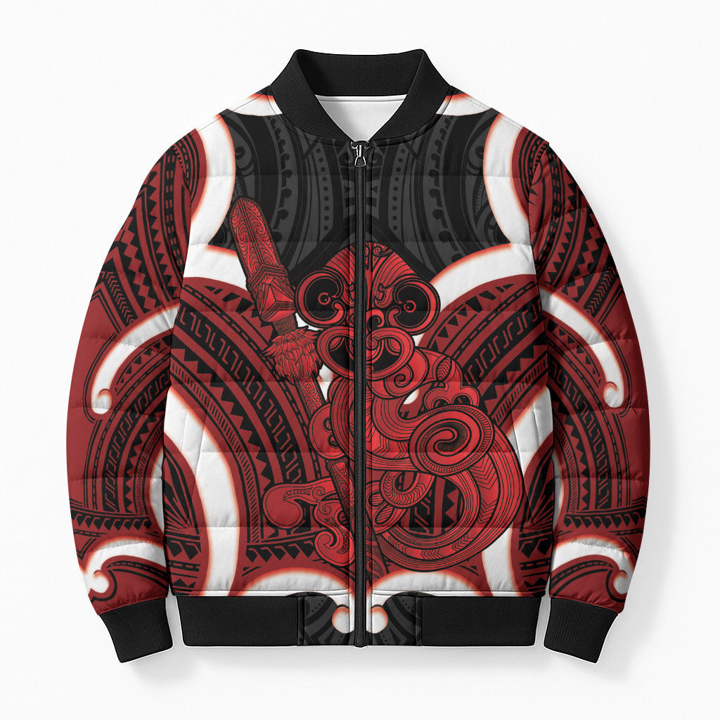 Whero Aotearoa Atua Tumatauenga Personalised Bomber Puffer Jacket Maori God Of War Tiki With Taiaha