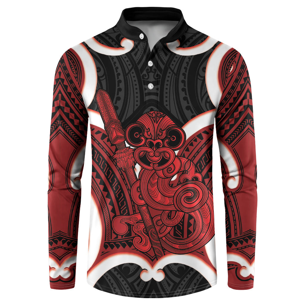 Whero Aotearoa Atua Tumatauenga Personalised Button Sweatshirt Maori God Of War Tiki With Taiaha LT14 Red - Polynesian Pride