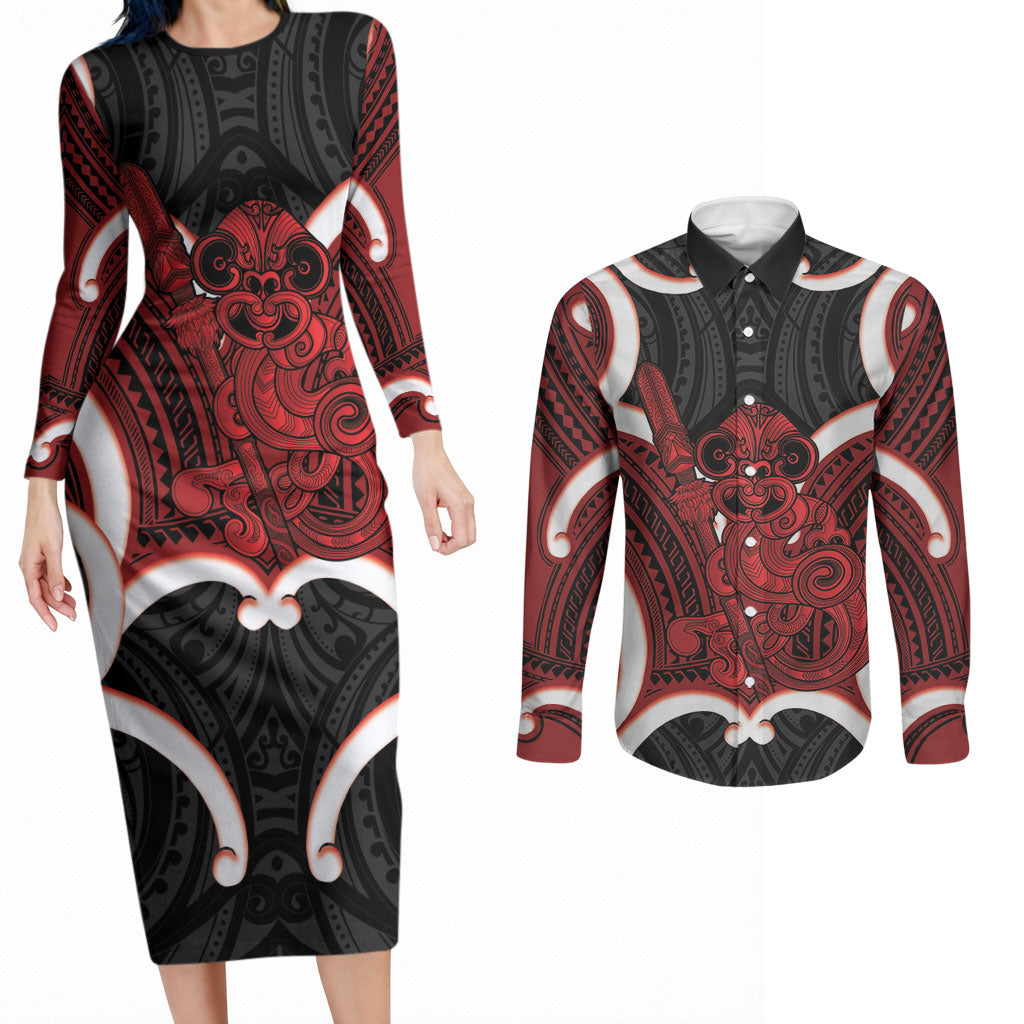 Whero Aotearoa Atua Tumatauenga Personalised Couples Matching Long Sleeve Bodycon Dress and Long Sleeve Button Shirt Maori God Of War Tiki With Taiaha LT14 Red - Polynesian Pride