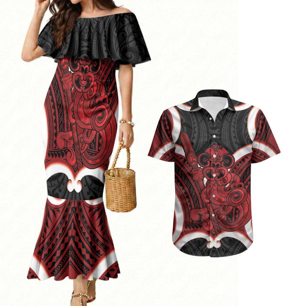 Whero Aotearoa Atua Tumatauenga Personalised Couples Matching Mermaid Dress and Hawaiian Shirt Maori God Of War Tiki With Taiaha LT14 Red - Polynesian Pride