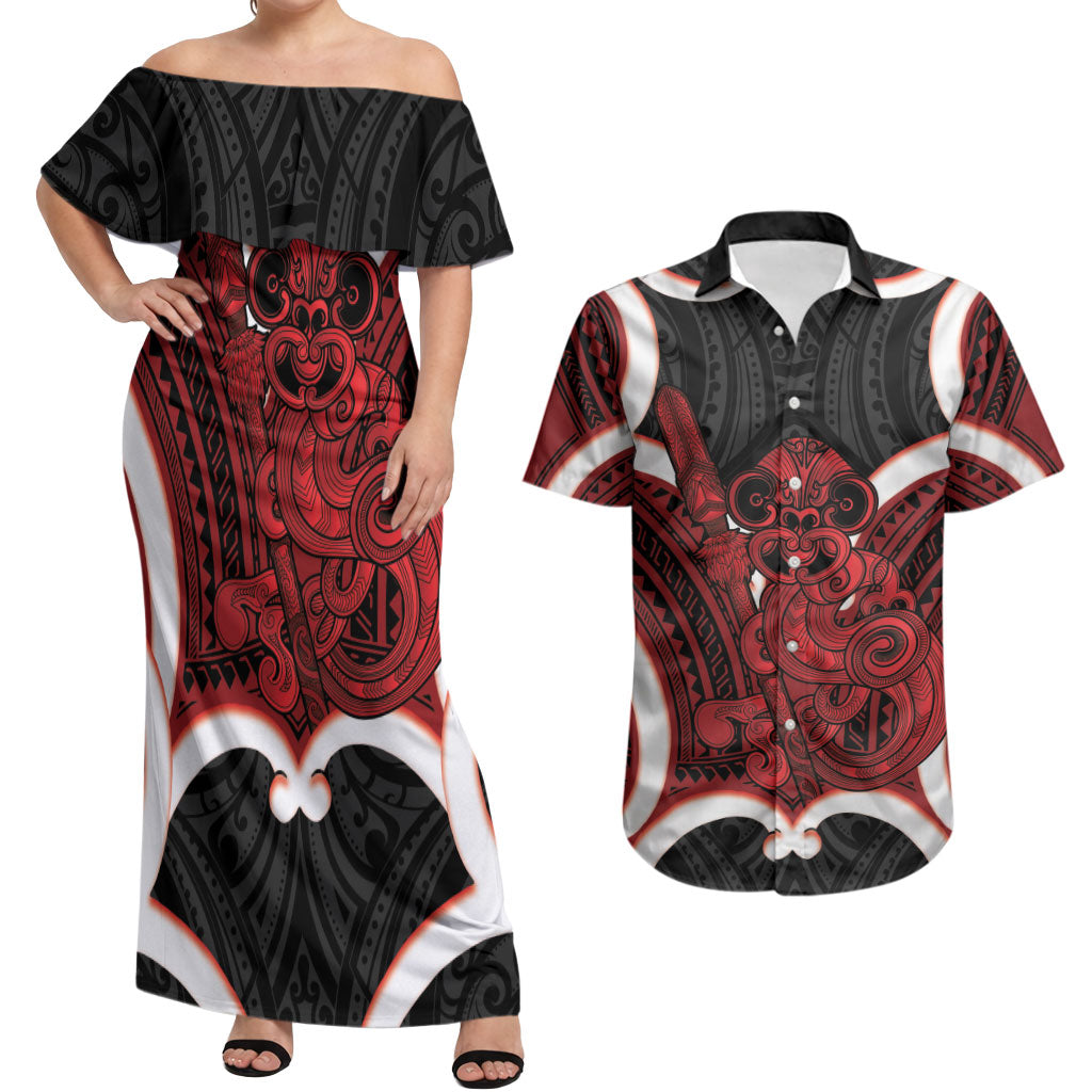 Whero Aotearoa Atua Tumatauenga Personalised Couples Matching Off Shoulder Maxi Dress and Hawaiian Shirt Maori God Of War Tiki With Taiaha LT14 Red - Polynesian Pride