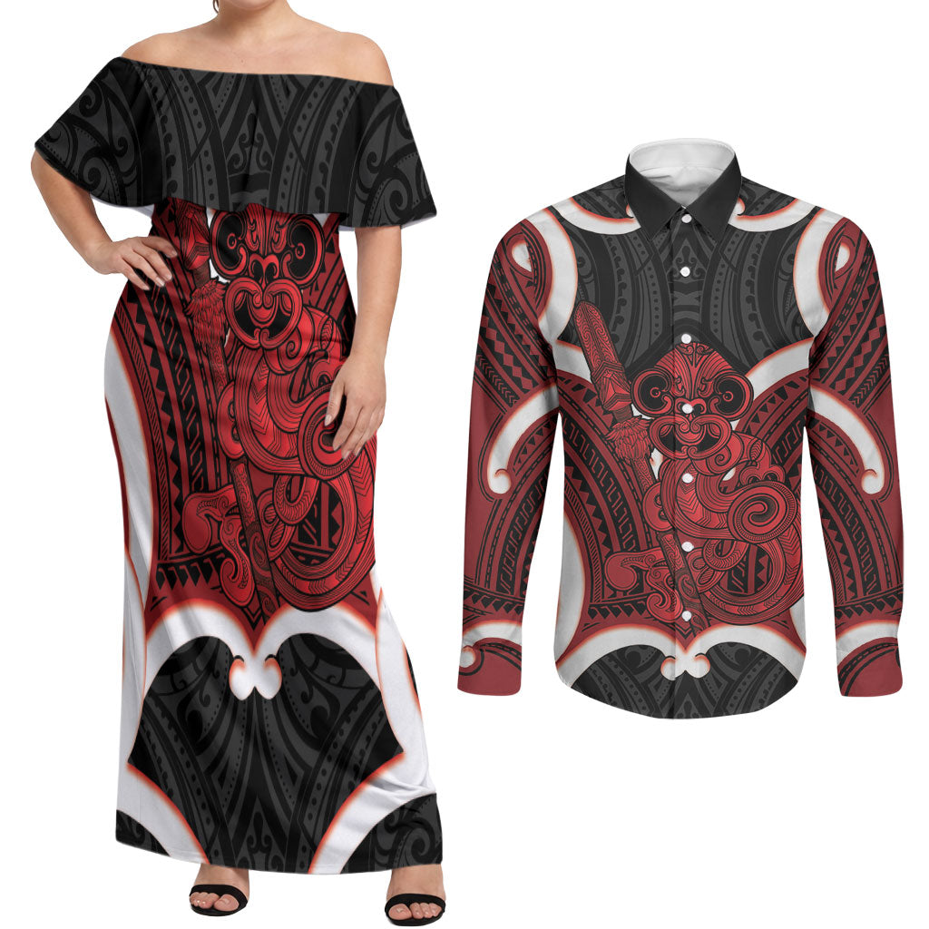 Whero Aotearoa Atua Tumatauenga Personalised Couples Matching Off Shoulder Maxi Dress and Long Sleeve Button Shirt Maori God Of War Tiki With Taiaha LT14 Red - Polynesian Pride