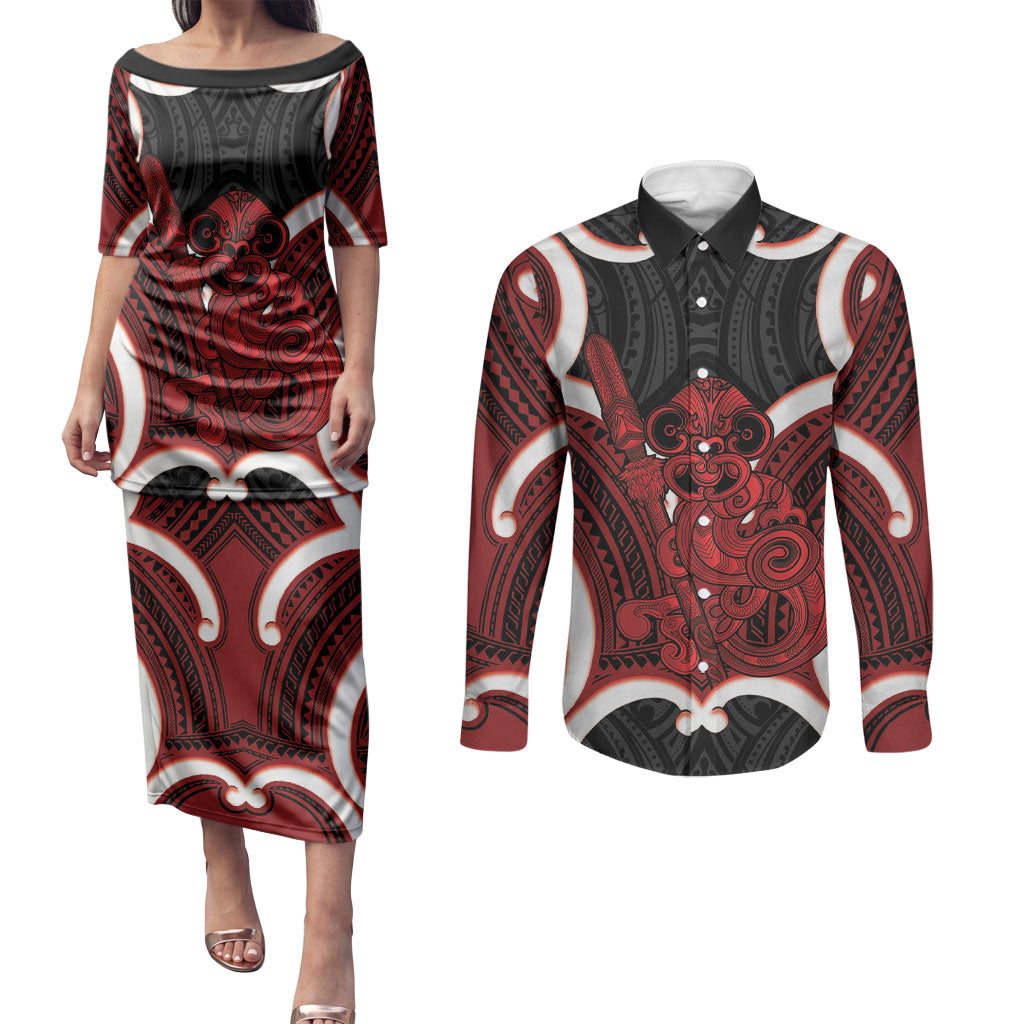 Whero Aotearoa Atua Tumatauenga Personalised Couples Matching Puletasi and Long Sleeve Button Shirt Maori God Of War Tiki With Taiaha LT14 Red - Polynesian Pride