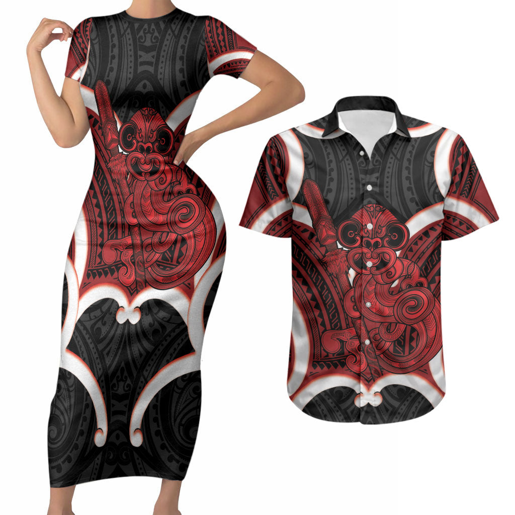 Whero Aotearoa Atua Tumatauenga Personalised Couples Matching Short Sleeve Bodycon Dress and Hawaiian Shirt Maori God Of War Tiki With Taiaha LT14 Red - Polynesian Pride
