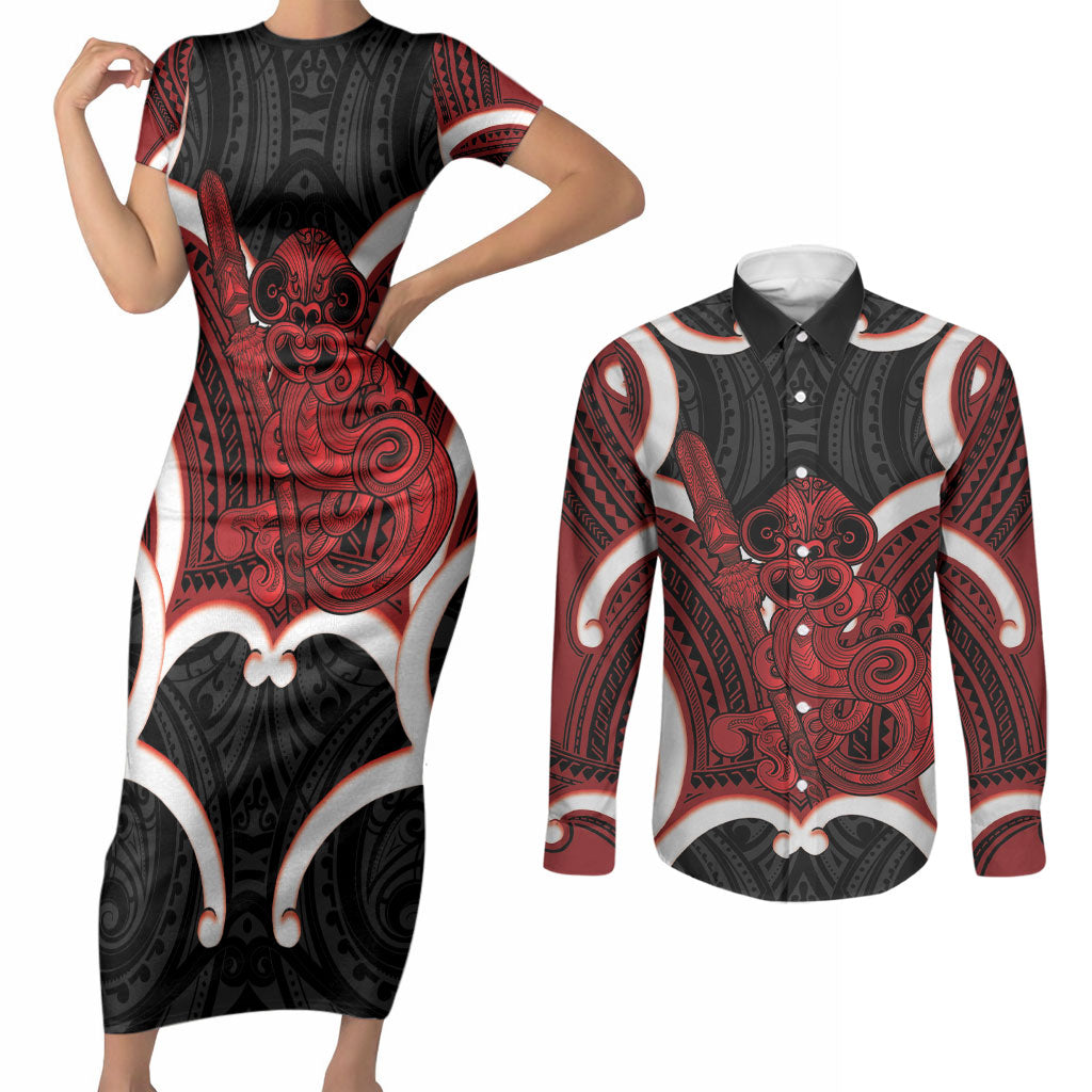 Whero Aotearoa Atua Tumatauenga Personalised Couples Matching Short Sleeve Bodycon Dress and Long Sleeve Button Shirt Maori God Of War Tiki With Taiaha LT14 Red - Polynesian Pride