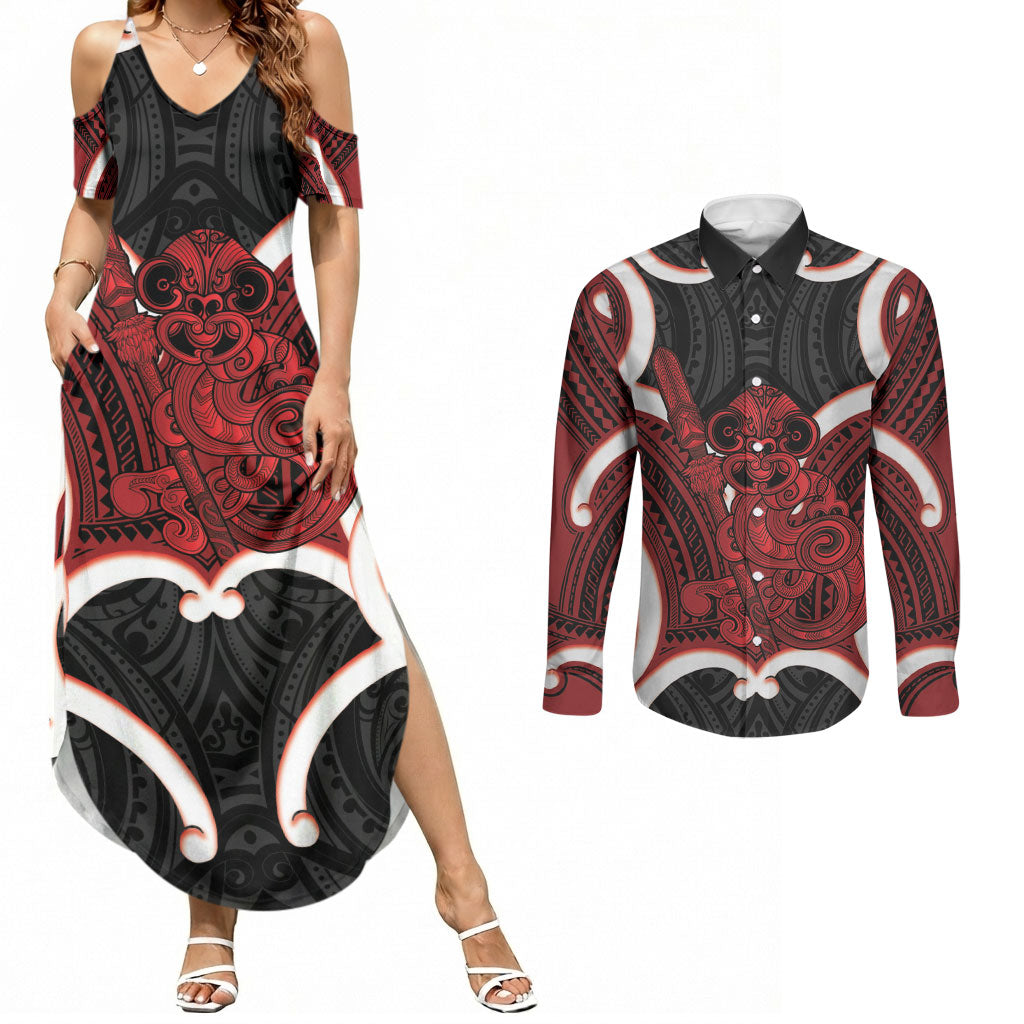 Whero Aotearoa Atua Tumatauenga Personalised Couples Matching Summer Maxi Dress and Long Sleeve Button Shirt Maori God Of War Tiki With Taiaha LT14 Red - Polynesian Pride