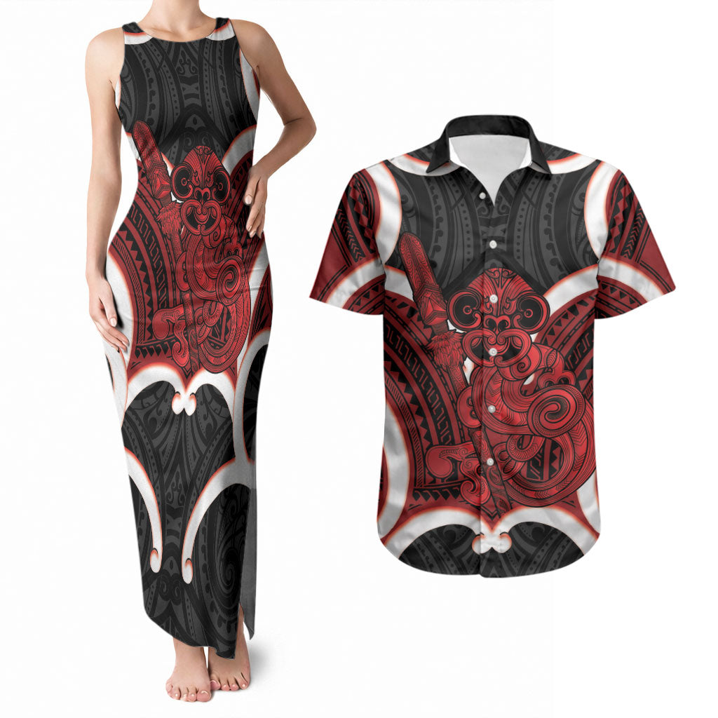 Whero Aotearoa Atua Tumatauenga Personalised Couples Matching Tank Maxi Dress and Hawaiian Shirt Maori God Of War Tiki With Taiaha