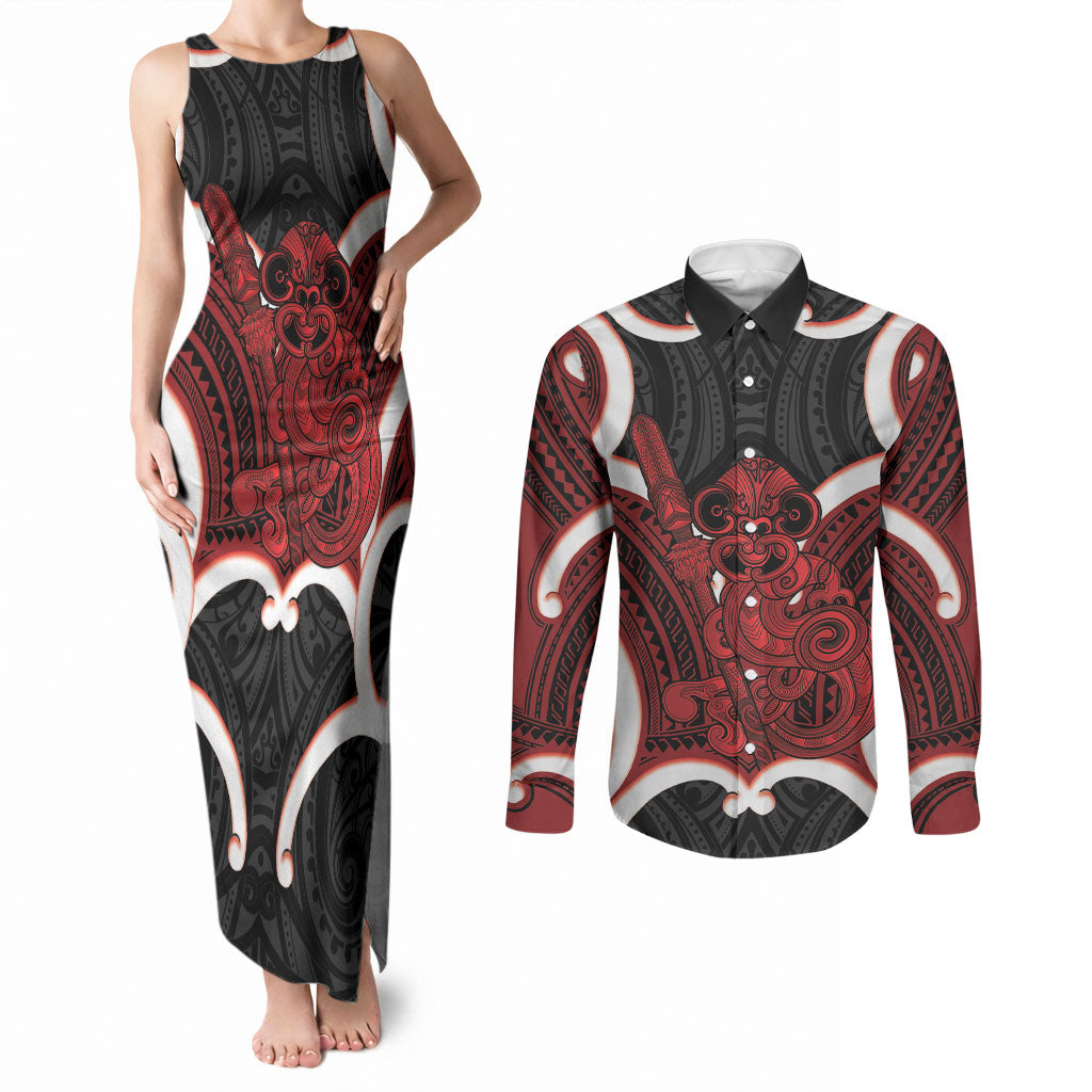 Whero Aotearoa Atua Tumatauenga Personalised Couples Matching Tank Maxi Dress and Long Sleeve Button Shirt Maori God Of War Tiki With Taiaha
