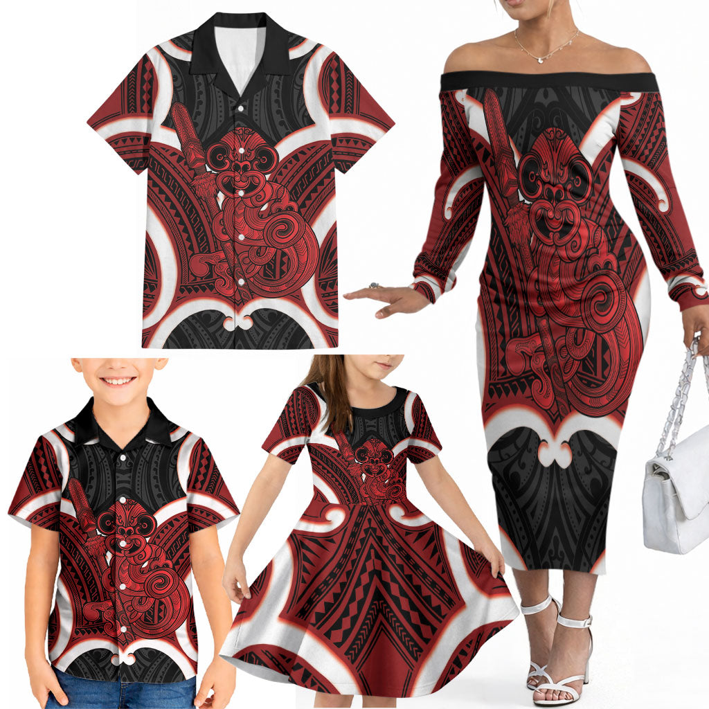 Whero Aotearoa Atua Tumatauenga Personalised Family Matching Off The Shoulder Long Sleeve Dress and Hawaiian Shirt Maori God Of War Tiki With Taiaha LT14 - Polynesian Pride