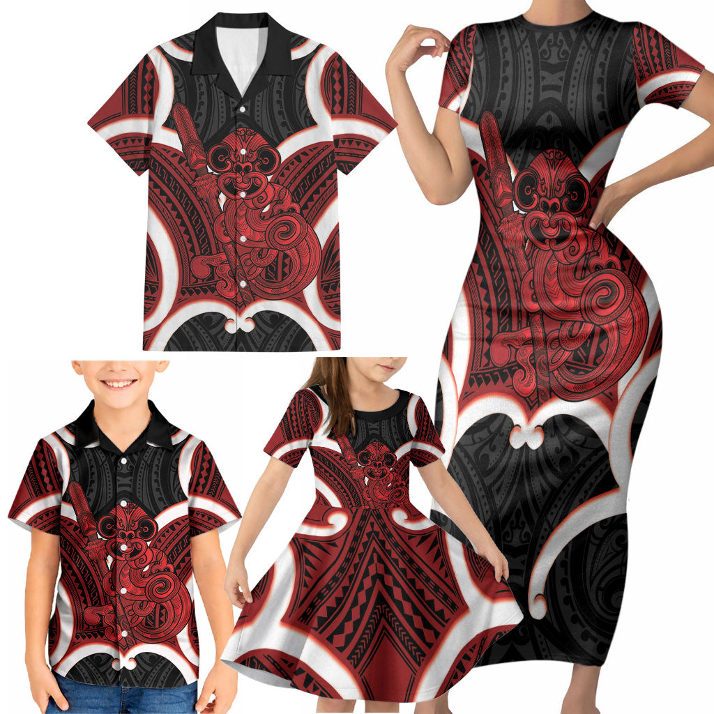 Whero Aotearoa Atua Tumatauenga Personalised Family Matching Short Sleeve Bodycon Dress and Hawaiian Shirt Maori God Of War Tiki With Taiaha