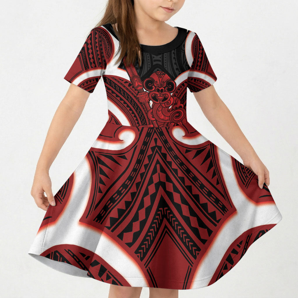 Whero Aotearoa Atua Tumatauenga Personalised Kid Short Sleeve Dress Maori God Of War Tiki With Taiaha LT14 KID Red - Polynesian Pride