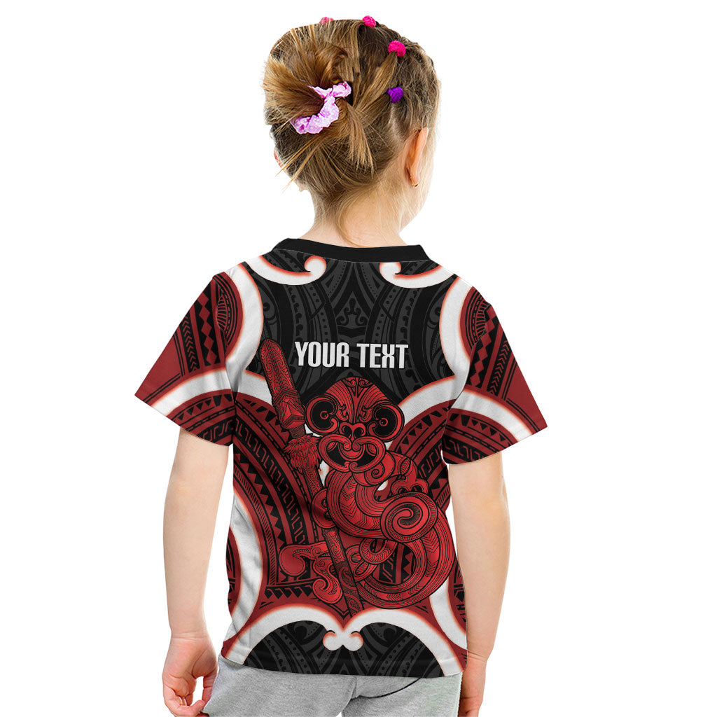 Whero Aotearoa Atua Tumatauenga Personalised Kid T Shirt Maori God Of War Tiki With Taiaha