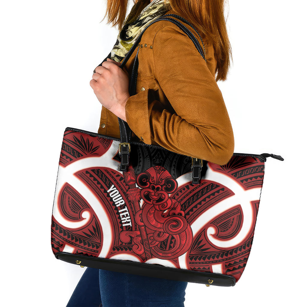 Whero Aotearoa Atua Tumatauenga Personalised Leather Tote Bag Maori God Of War Tiki With Taiaha LT14 Red - Polynesian Pride