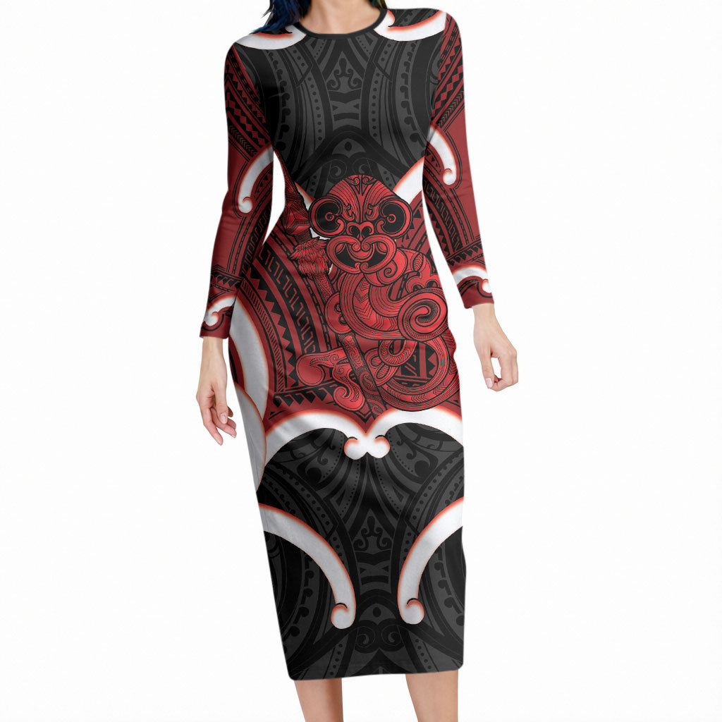 Whero Aotearoa Atua Tumatauenga Personalised Long Sleeve Bodycon Dress Maori God Of War Tiki With Taiaha LT14 Long Dress Red - Polynesian Pride