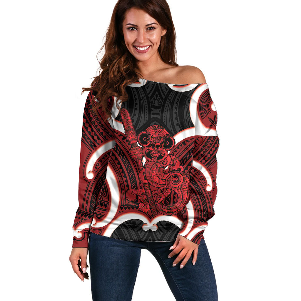 Whero Aotearoa Atua Tumatauenga Personalised Off Shoulder Sweater Maori God Of War Tiki With Taiaha LT14 Women Red - Polynesian Pride