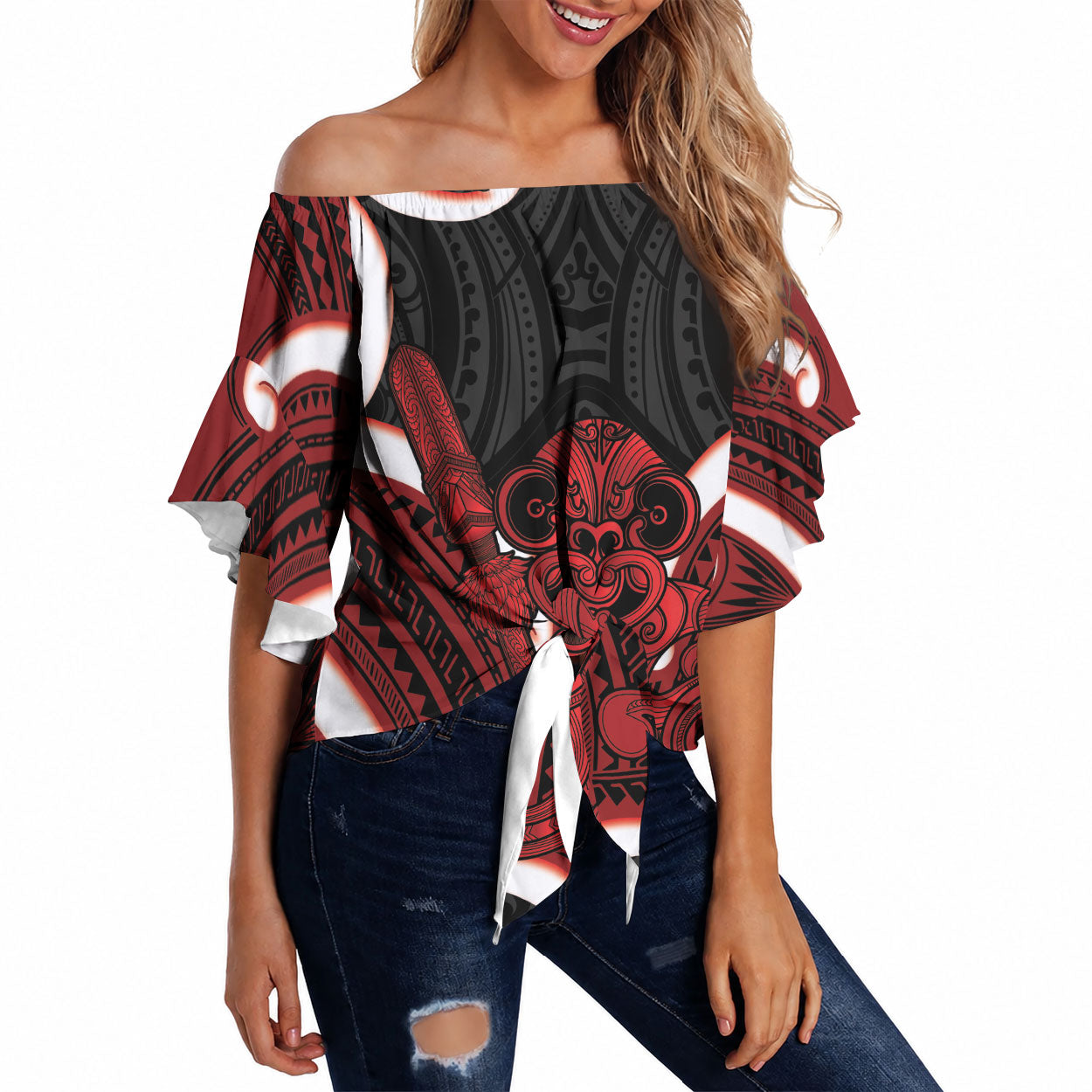 Whero Aotearoa Atua Tumatauenga Personalised Off Shoulder Wrap Waist Top Maori God Of War Tiki With Taiaha LT14 Red - Polynesian Pride