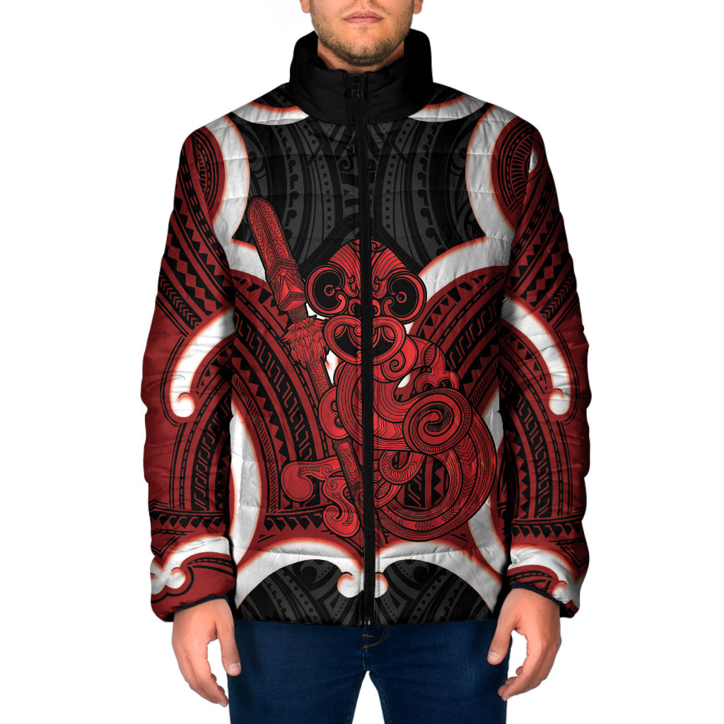 Whero Aotearoa Atua Tumatauenga Personalised Padded Jacket Maori God Of War Tiki With Taiaha LT14 Men Red - Polynesian Pride