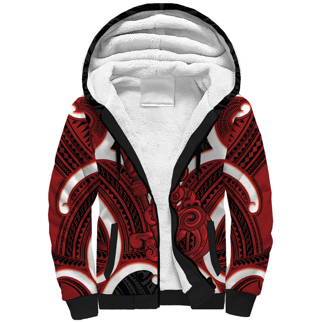Whero Aotearoa Atua Tumatauenga Personalised Sherpa Hoodie Maori God Of War Tiki With Taiaha LT14 Unisex Red - Polynesian Pride