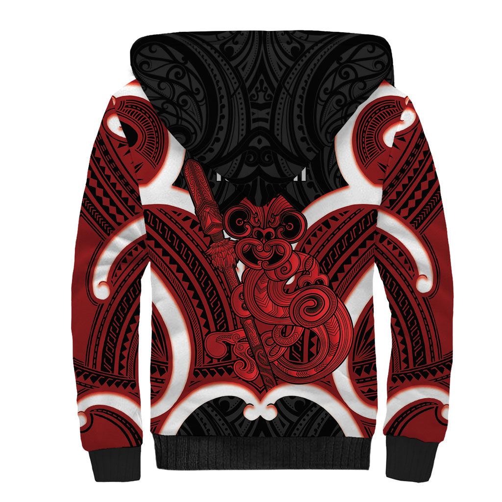 Whero Aotearoa Atua Tumatauenga Personalised Sherpa Hoodie Maori God Of War Tiki With Taiaha