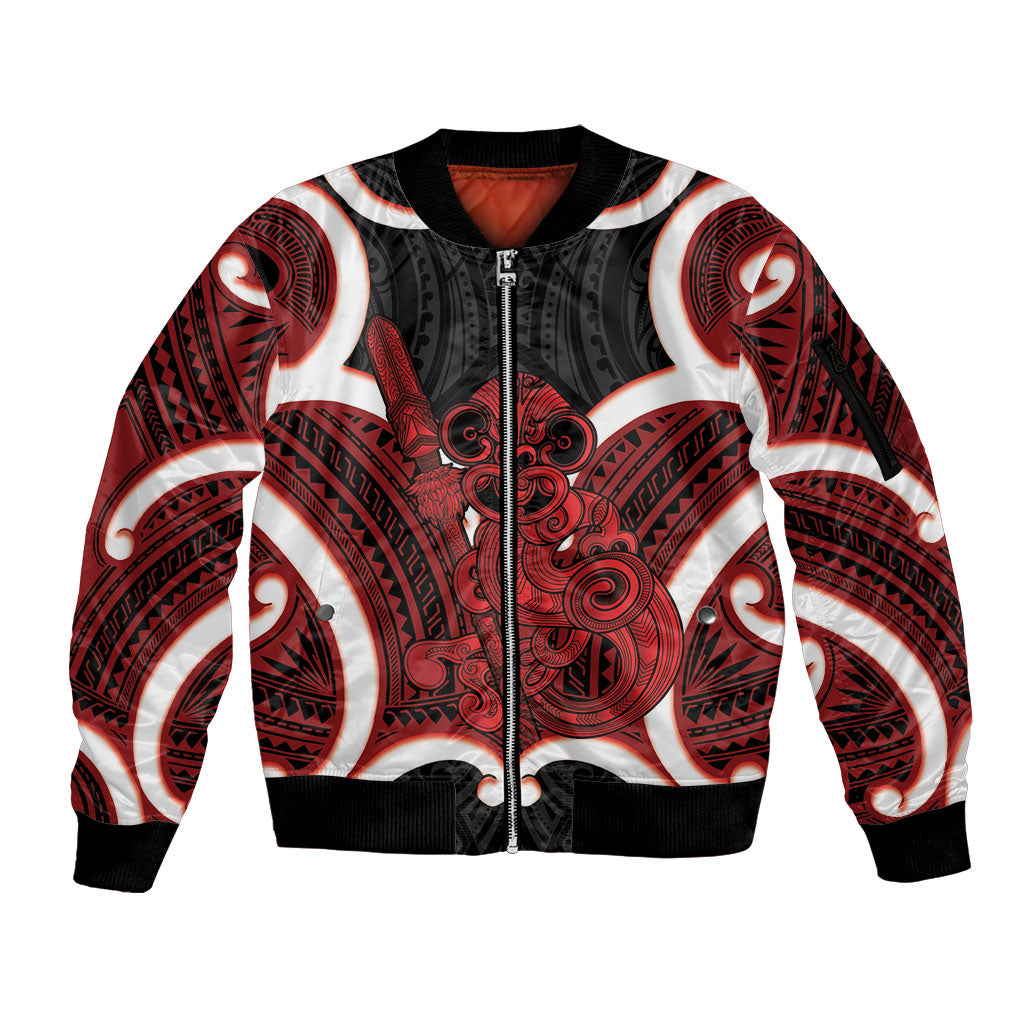 Whero Aotearoa Atua Tumatauenga Personalised Sleeve Zip Bomber Jacket Maori God Of War Tiki With Taiaha LT14 Unisex Red - Polynesian Pride