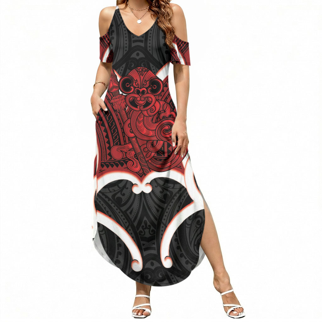 Whero Aotearoa Atua Tumatauenga Personalised Summer Maxi Dress Maori God Of War Tiki With Taiaha LT14 Women Red - Polynesian Pride