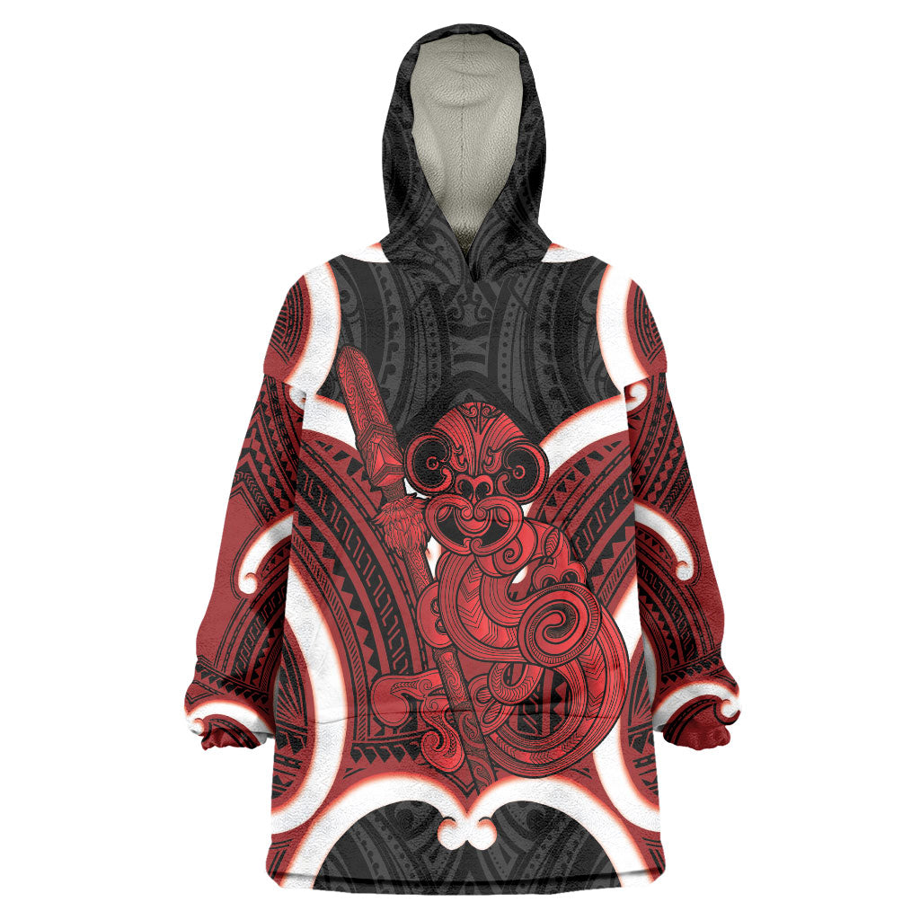 Whero Aotearoa Atua Tumatauenga Personalised Wearable Blanket Hoodie Maori God Of War Tiki With Taiaha LT14 One Size Red - Polynesian Pride