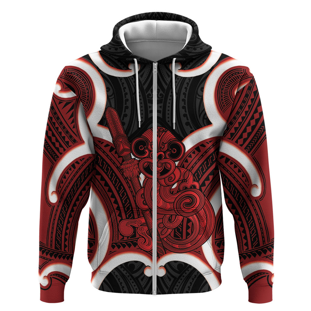 Whero Aotearoa Atua Tumatauenga Personalised Zip Hoodie Maori God Of War Tiki With Taiaha LT14 Zip Hoodie Red - Polynesian Pride